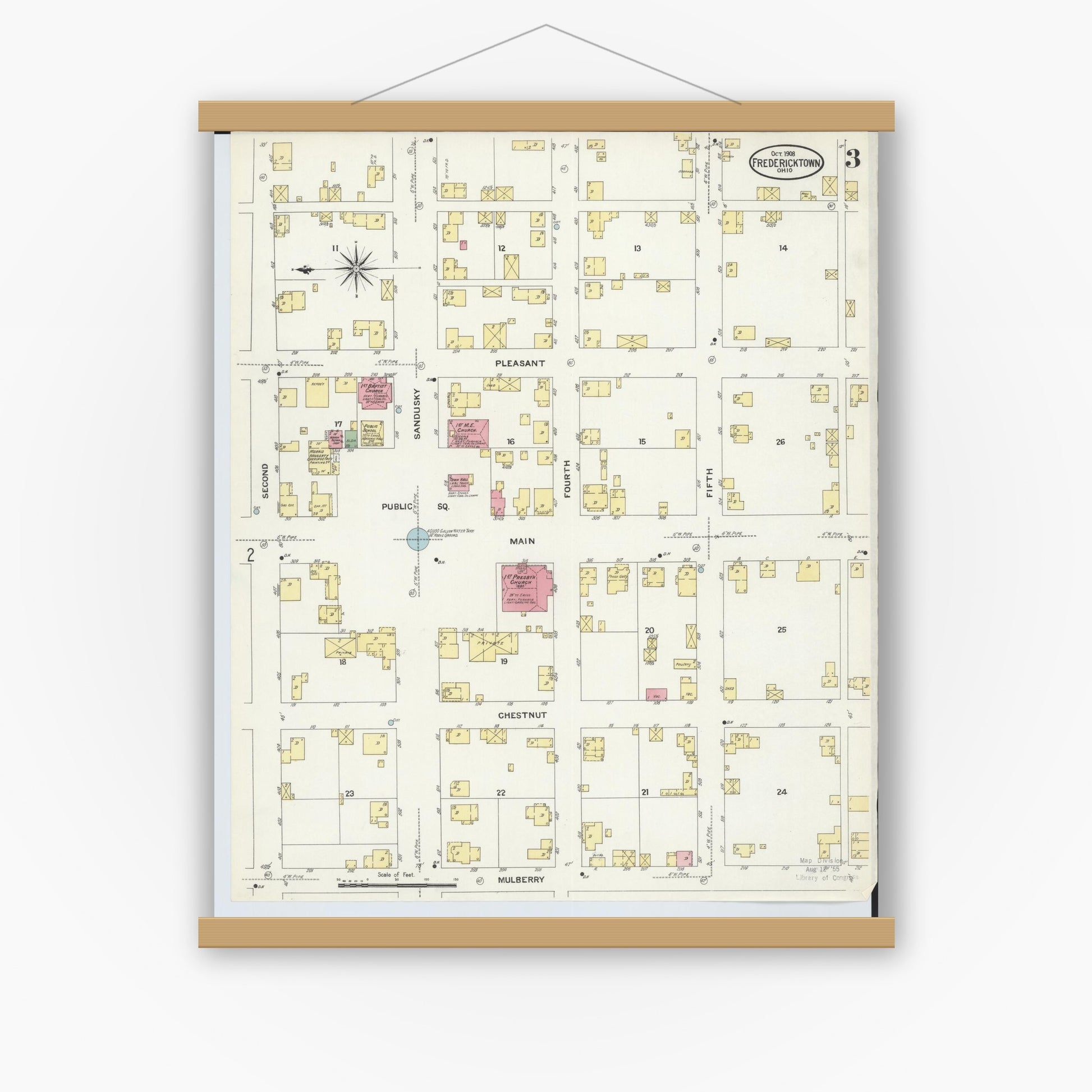 Old map wall art mockup — magnetic wood frame on white wall — Sanborn Fire Insurance Map from Fredericktown, Knox County, Ohio (1908), Sheet #0003