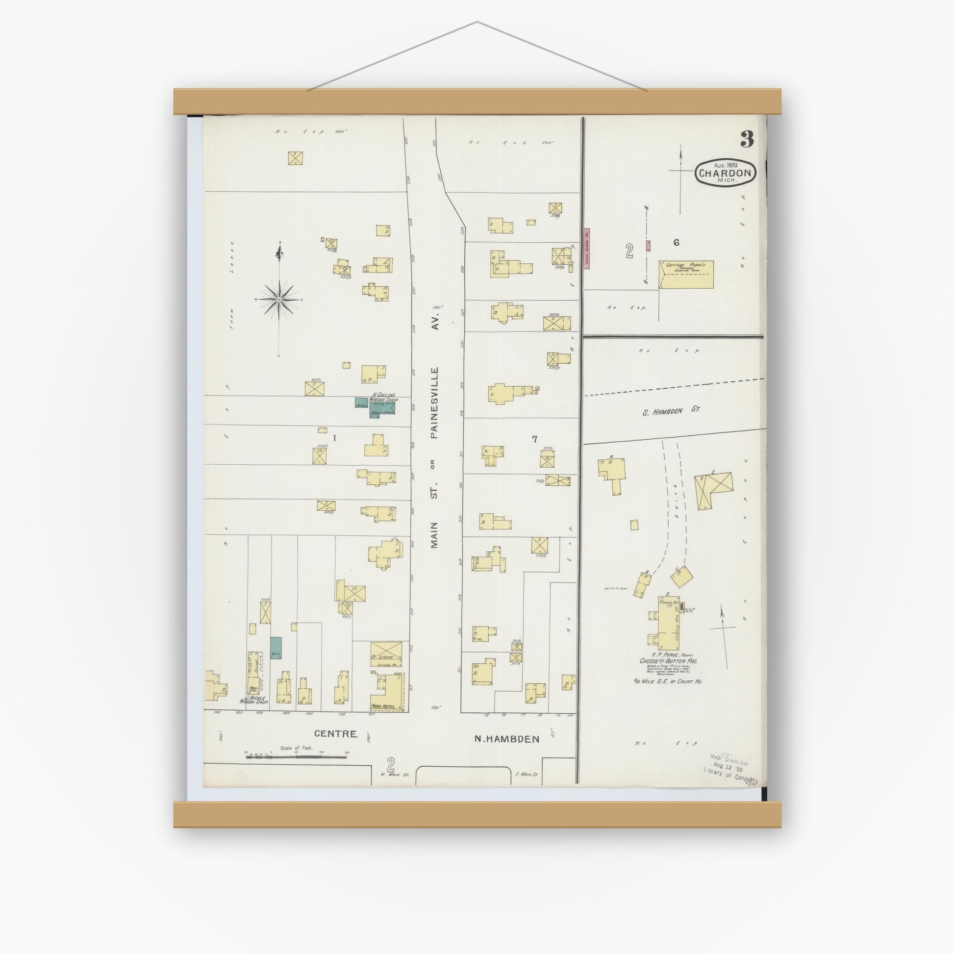Old map wall art mockup — magnetic wood frame on white wall — Sanborn Fire Insurance Map from Chardon, Geauga County, Ohio (1893), Sheet #0003