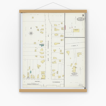 Old map wall art mockup — magnetic wood frame on white wall — Sanborn Fire Insurance Map from Chardon, Geauga County, Ohio (1893), Sheet #0003