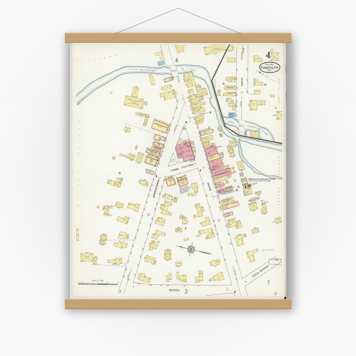 Old map wall art mockup — magnetic wood frame on white wall — Sanborn Fire Insurance Map from Randolph, Cattaraugus County, New York (1913), Sheet #0004
