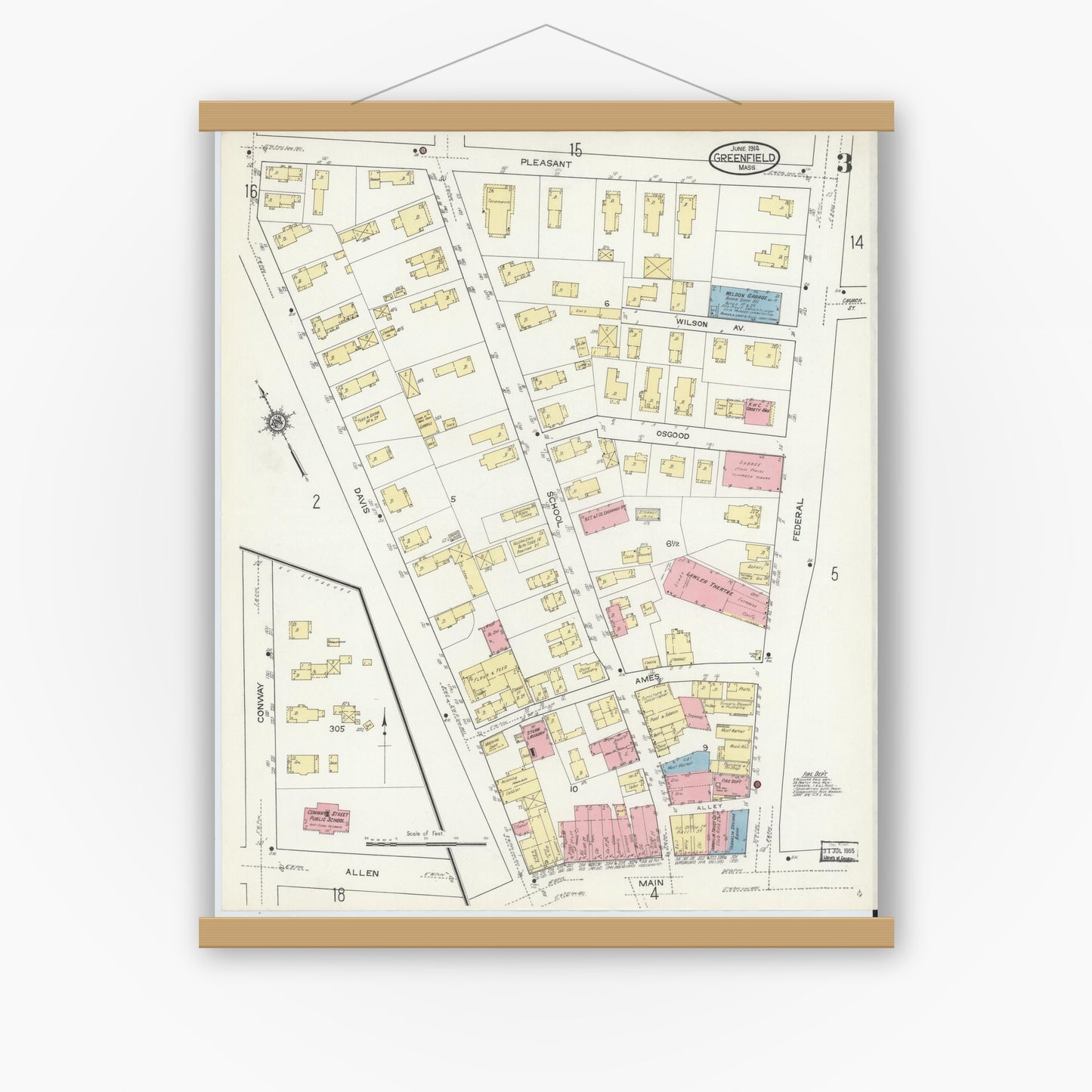 Old map wall art mockup — magnetic wood frame on white wall — Sanborn Fire Insurance Map from Greenfield, Franklin County, Massachusetts (1914), Sheet #0003