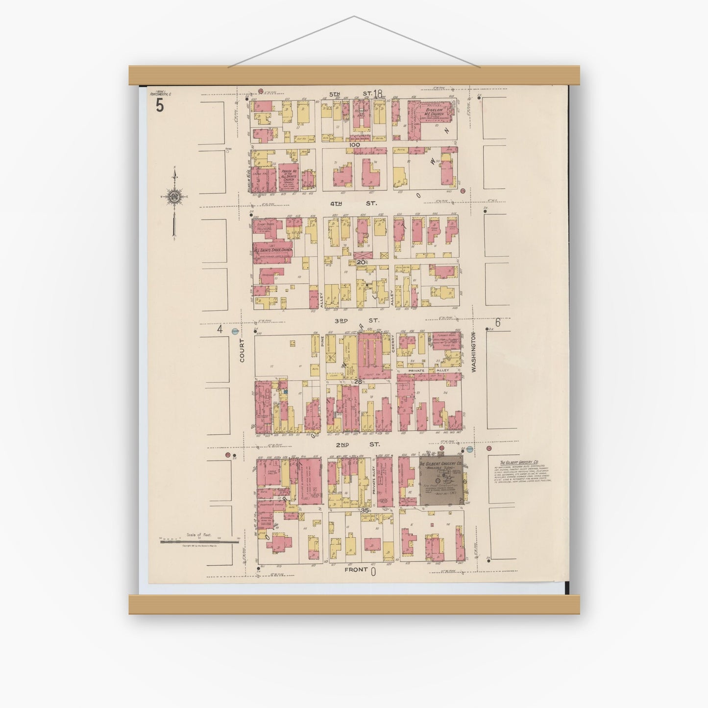 Old map wall art mockup — magnetic wood frame on white wall — Sanborn Fire Insurance Map from Portsmouth, Scioto County, Ohio (1921), Sheet #0005
