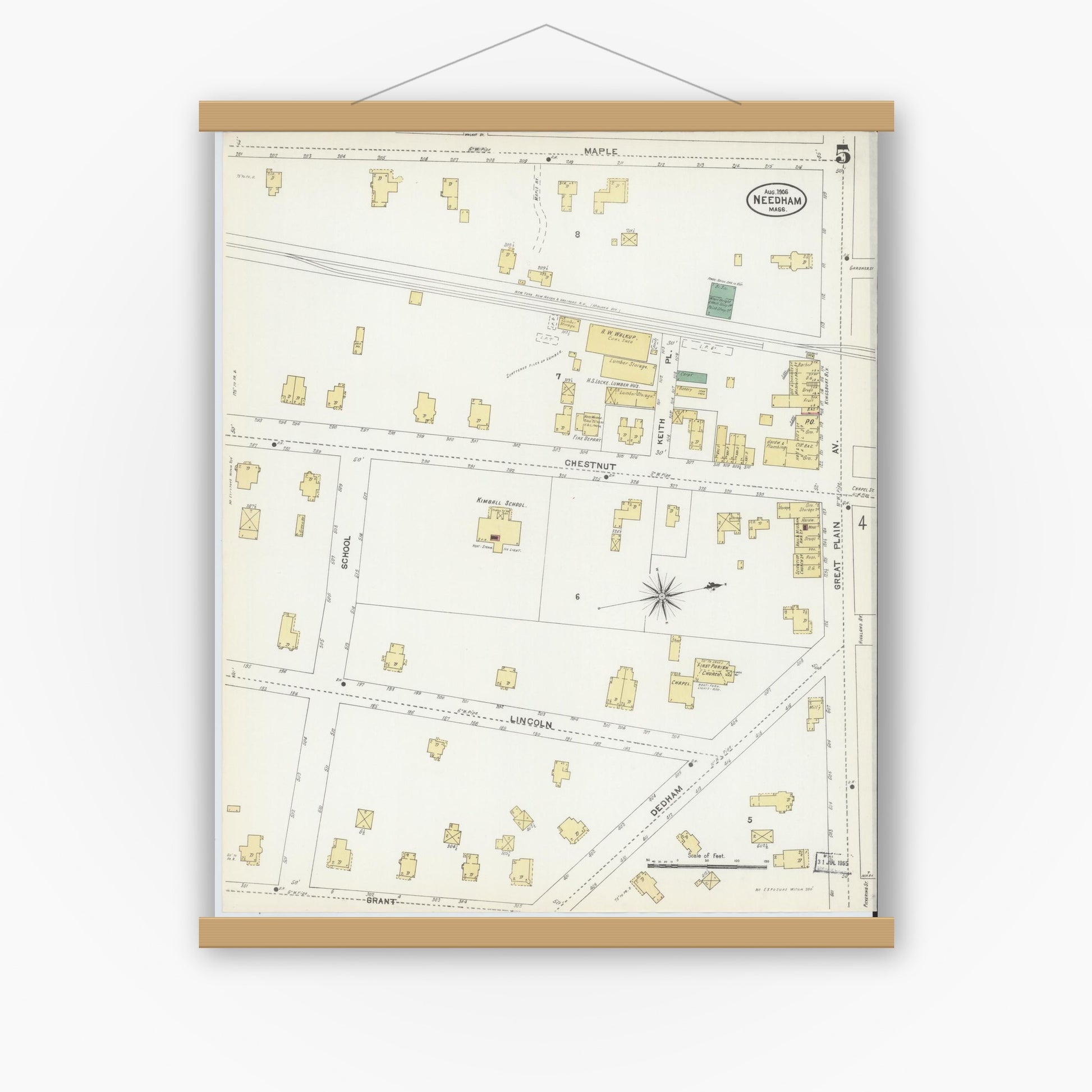 Old map wall art mockup — magnetic wood frame on white wall — Sanborn Fire Insurance Map from Needham, Norfolk County, Massachusetts (1906), Sheet #0005