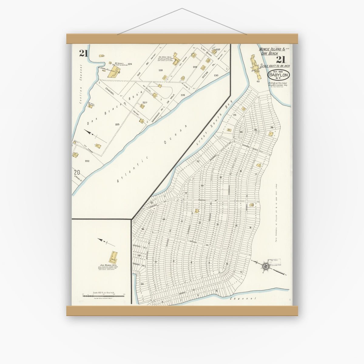 Old map wall art mockup — magnetic wood frame on white wall — Sanborn Fire Insurance Map from Babylon, Suffolk County, New York (1923), Sheet #0021