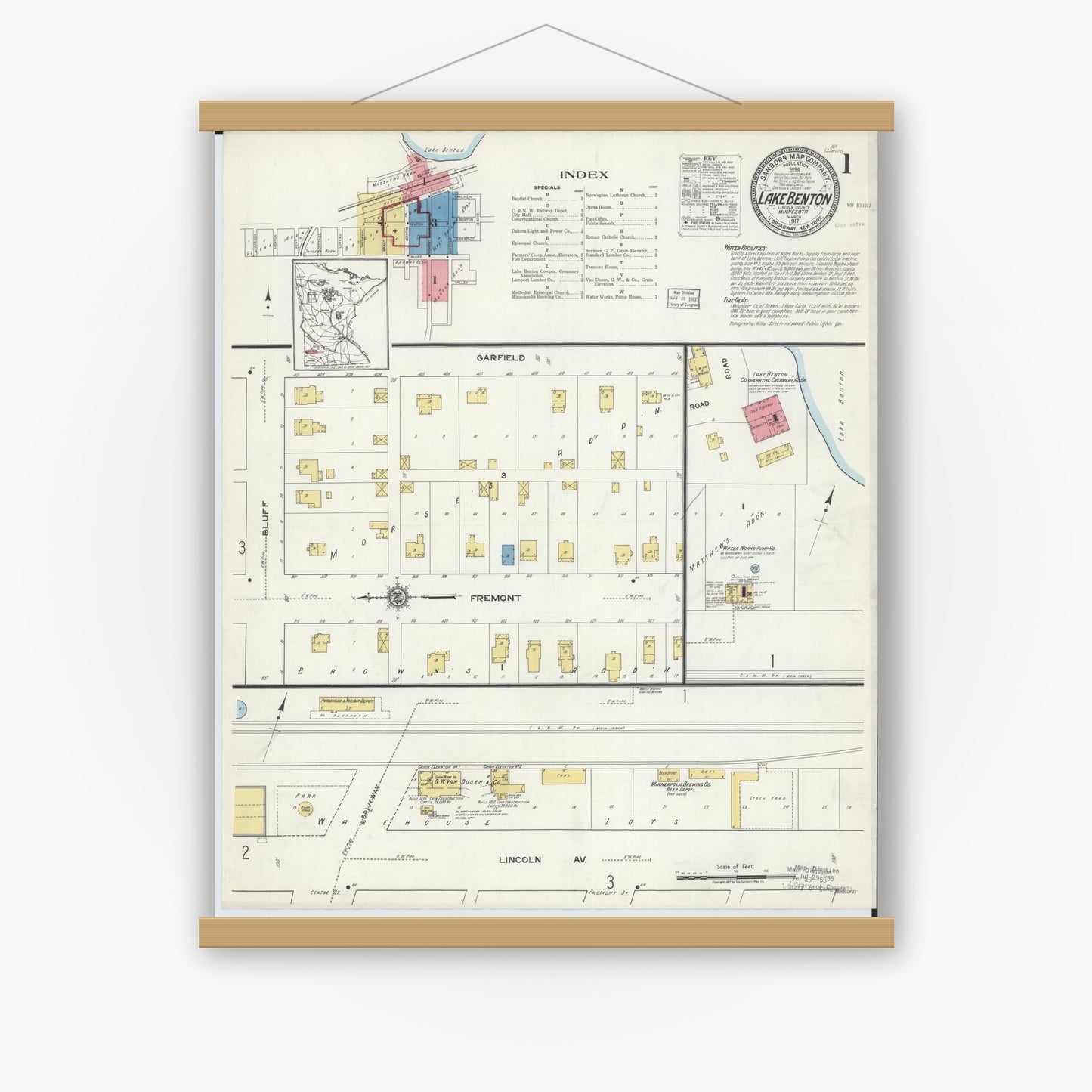 Old map wall art mockup — magnetic wood frame on white wall — Sanborn Fire Insurance Map from Lake Benton, Lincoln County, Minnesota (1917), Sheet #0001