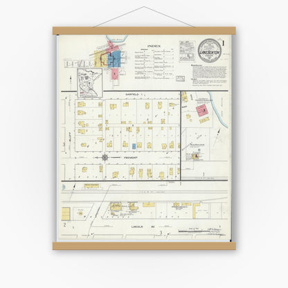 Old map wall art mockup — magnetic wood frame on white wall — Sanborn Fire Insurance Map from Lake Benton, Lincoln County, Minnesota (1917), Sheet #0001