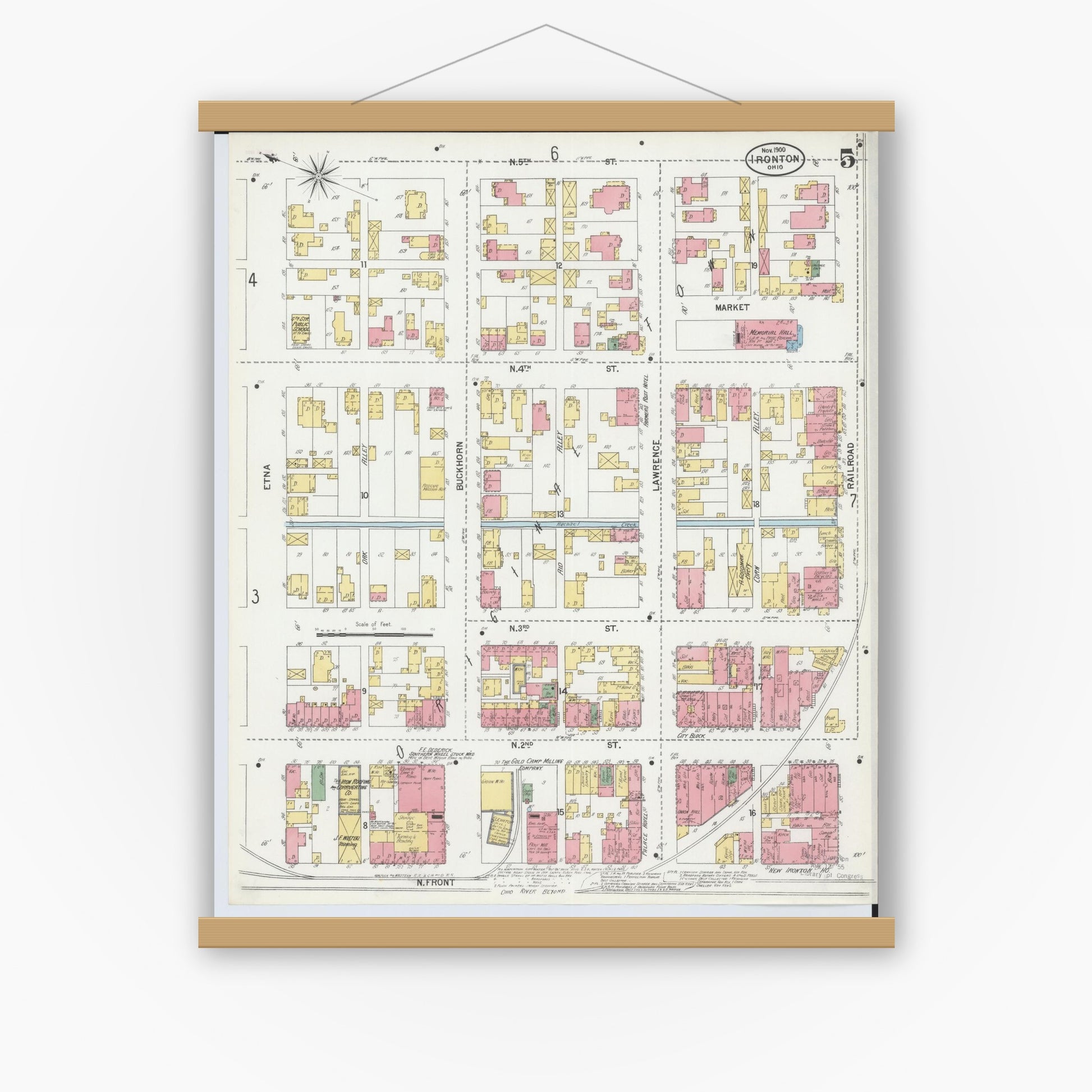 Old map wall art mockup — magnetic wood frame on white wall — Sanborn Fire Insurance Map from Ironton, Lawrence County, Ohio (1900), Sheet #0005