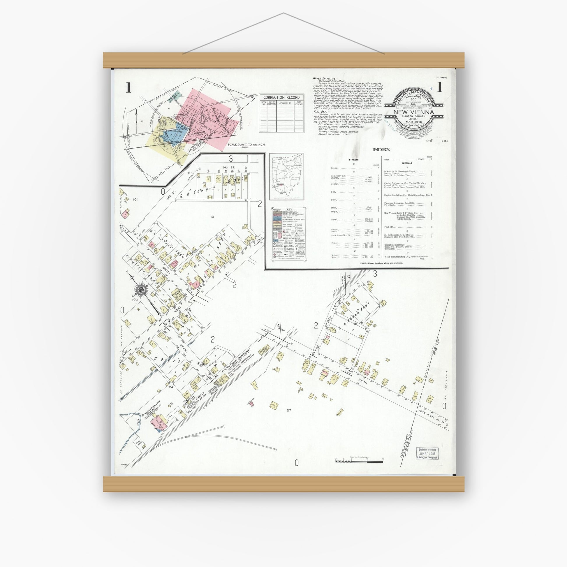 Old map wall art mockup — magnetic wood frame on white wall — Sanborn Fire Insurance Map from New Vienna, Clinton County, Ohio (1948), Sheet #0001