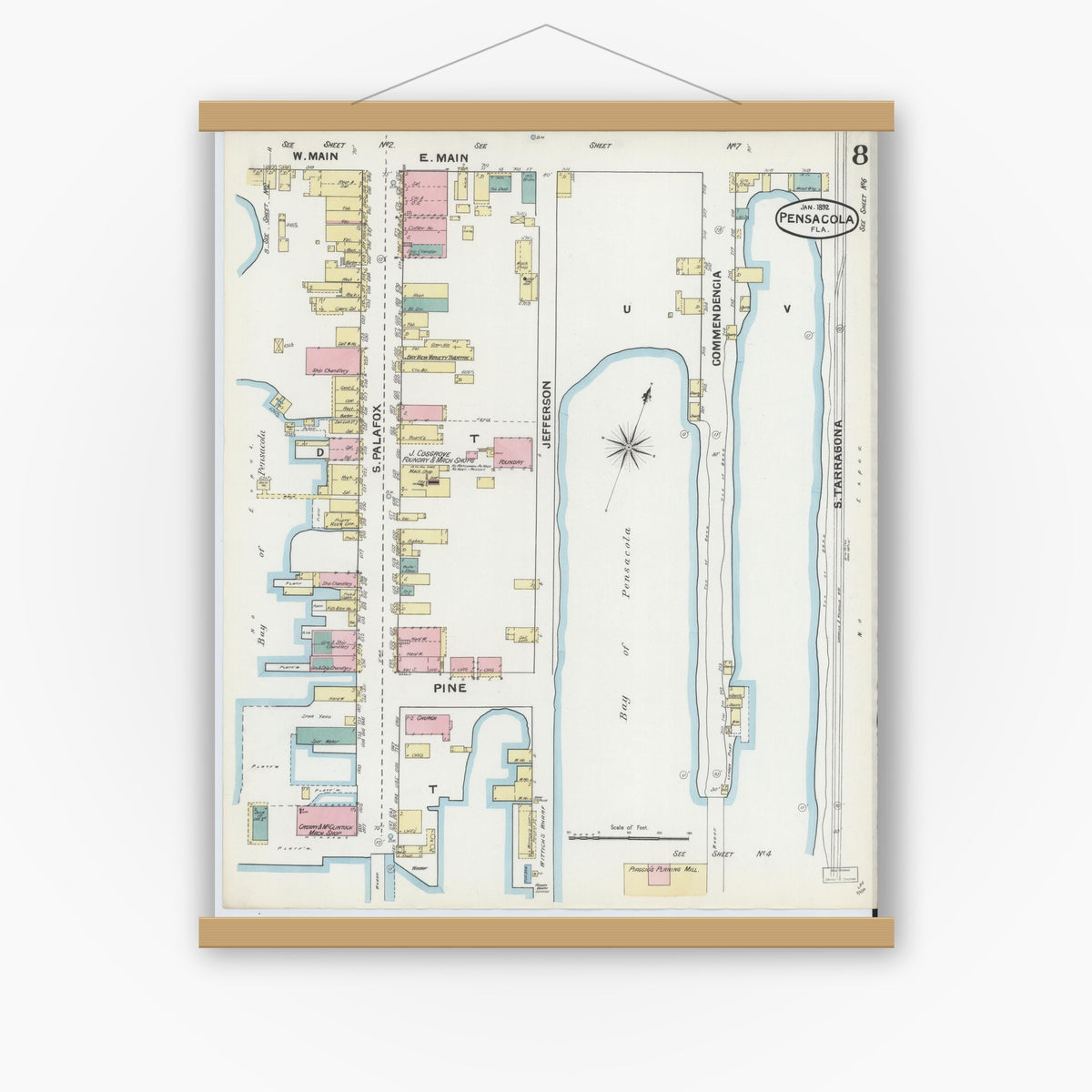 Old map wall art mockup — magnetic wood frame on white wall — Sanborn Fire Insurance Map from Pensacola, Escambia County, Florida (1892), Sheet #0008