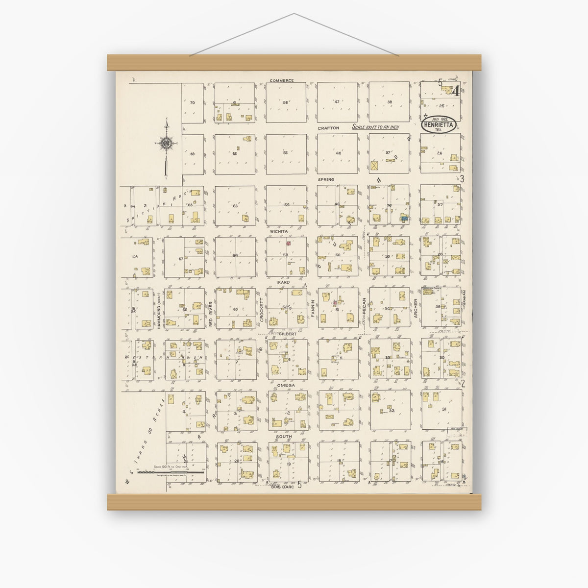 Old map wall art mockup — magnetic wood frame on white wall — Sanborn Fire Insurance Map from Henrietta, Clay County, Texas (1922), Sheet #0004