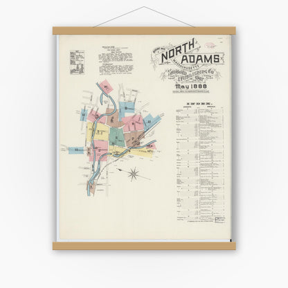Old map wall art mockup — magnetic wood frame on white wall — Sanborn Fire Insurance Map from North Adams, Berkshire County, Massachusetts (1888), Sheet #0001