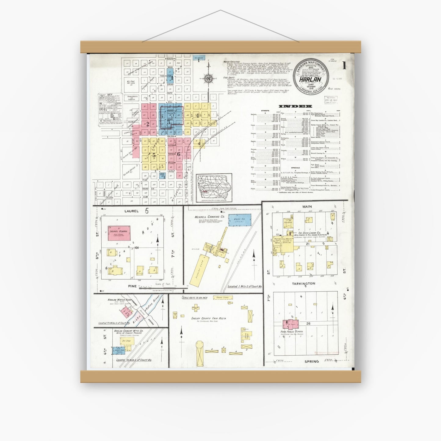 Old map wall art mockup — magnetic wood frame on white wall — Sanborn Fire Insurance Map from Harlan, Shelby County, Iowa (1918) â€” Complete Set