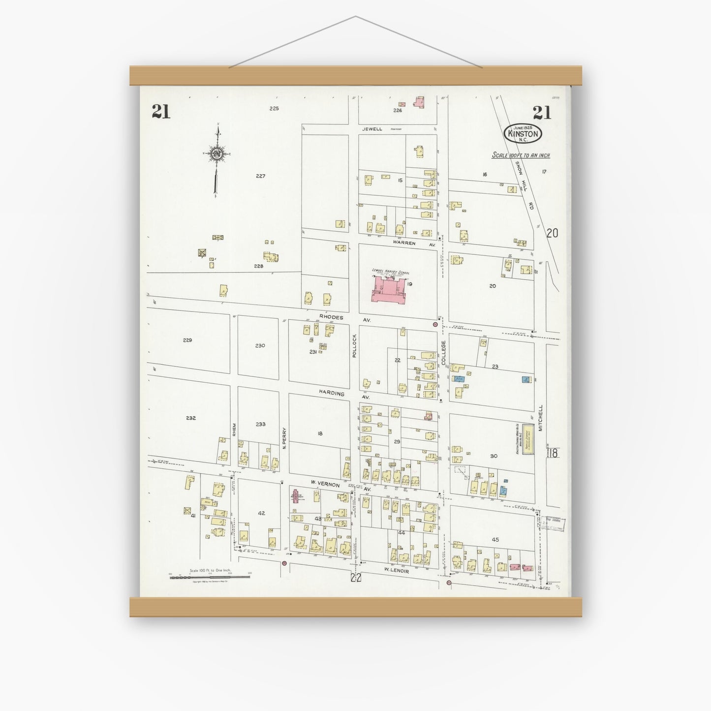 Old map wall art mockup — magnetic wood frame on white wall — Sanborn Fire Insurance Map from Kinston, Lenoir County, North Carolina (1925), Sheet #0021