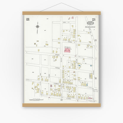 Old map wall art mockup — magnetic wood frame on white wall — Sanborn Fire Insurance Map from Kinston, Lenoir County, North Carolina (1925), Sheet #0021