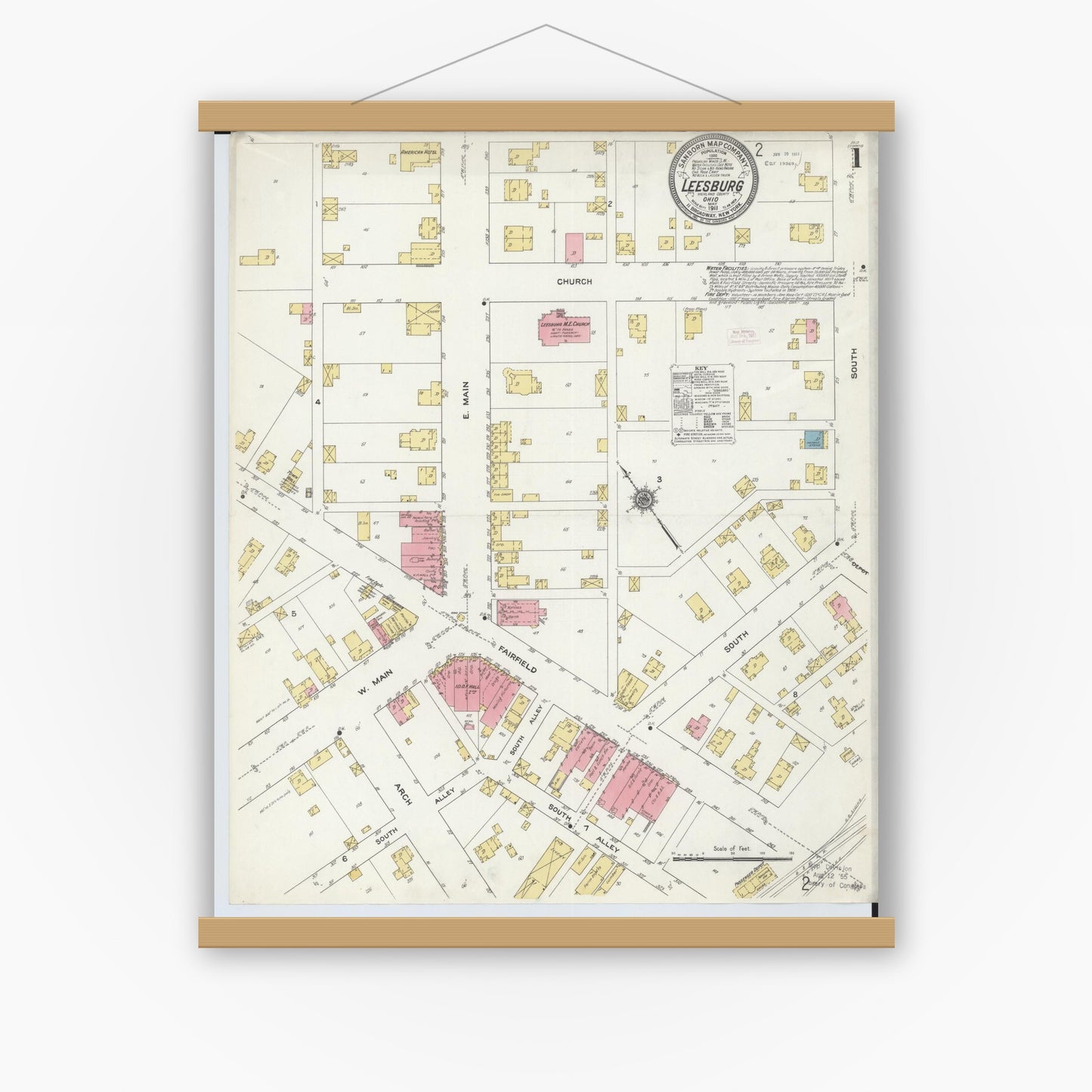 Old map wall art mockup — magnetic wood frame on white wall — Sanborn Fire Insurance Map from Leesburg, Highland County, Ohio (1911) - Complete Map Set