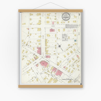 Old map wall art mockup — magnetic wood frame on white wall — Sanborn Fire Insurance Map from Leesburg, Highland County, Ohio (1911) - Complete Map Set