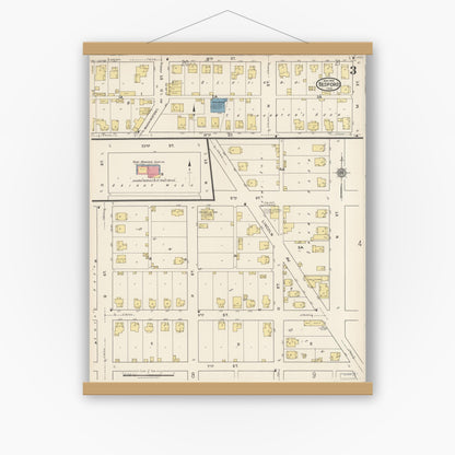 Old map wall art mockup — magnetic wood frame on white wall — Sanborn Fire Insurance Map from Bedford, Lawrence County, Indiana (1922), Sheet #0003