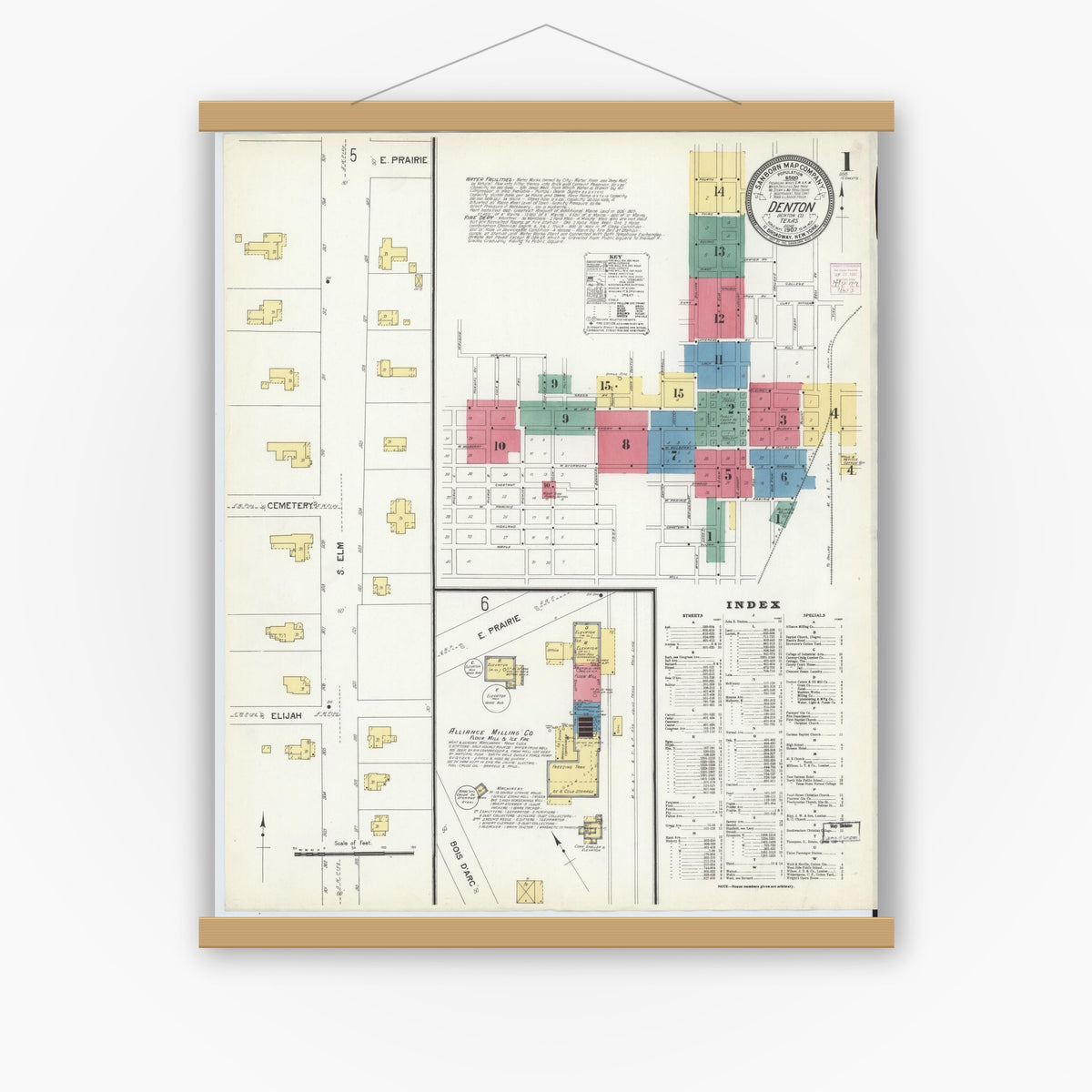 Old map wall art mockup — magnetic wood frame on white wall — Sanborn Fire Insurance Map from Denton, Denton County, Texas (1907) - Complete Map Set