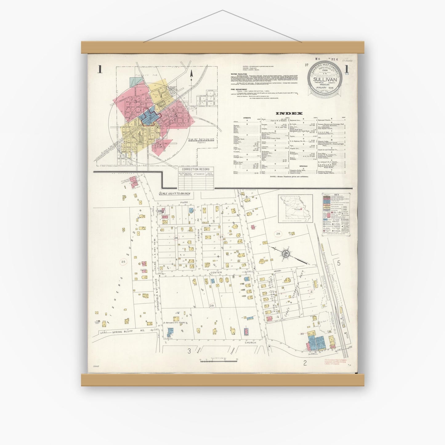 Old map wall art mockup — magnetic wood frame on white wall — Sanborn Fire Insurance Map from Sullivan, Franklin County, Missouri (1936), Sheet #0001
