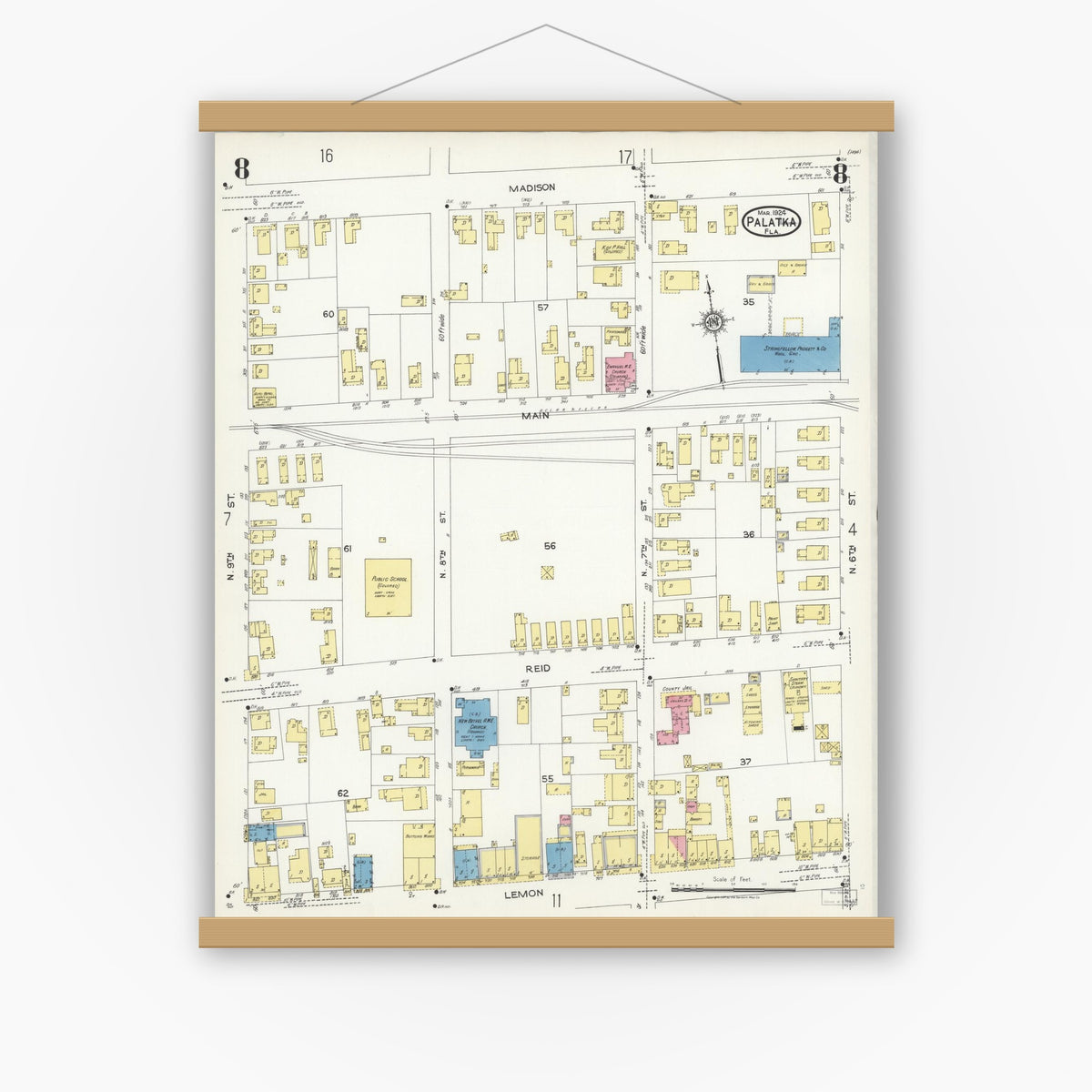 Old map wall art mockup — magnetic wood frame on white wall — Sanborn Fire Insurance Map from Palatka, Putnam County, Florida (1924), Sheet #0008