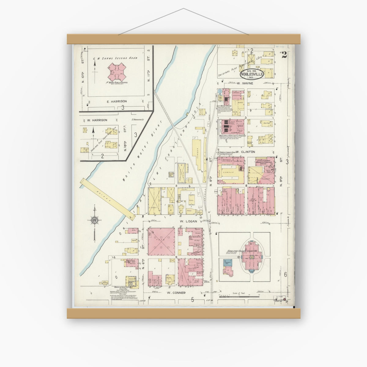 Old map wall art mockup — magnetic wood frame on white wall — Sanborn Fire Insurance Map from Noblesville, Hamilton County, Indiana (1914), Sheet #0002