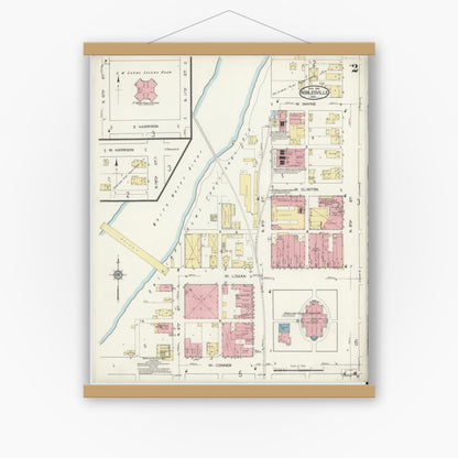 Old map wall art mockup — magnetic wood frame on white wall — Sanborn Fire Insurance Map from Noblesville, Hamilton County, Indiana (1914), Sheet #0002
