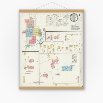 Old map wall art mockup — magnetic wood frame on white wall — Sanborn Fire Insurance Map from Jasper, Dubois County, Indiana (1898), Sheet #0001