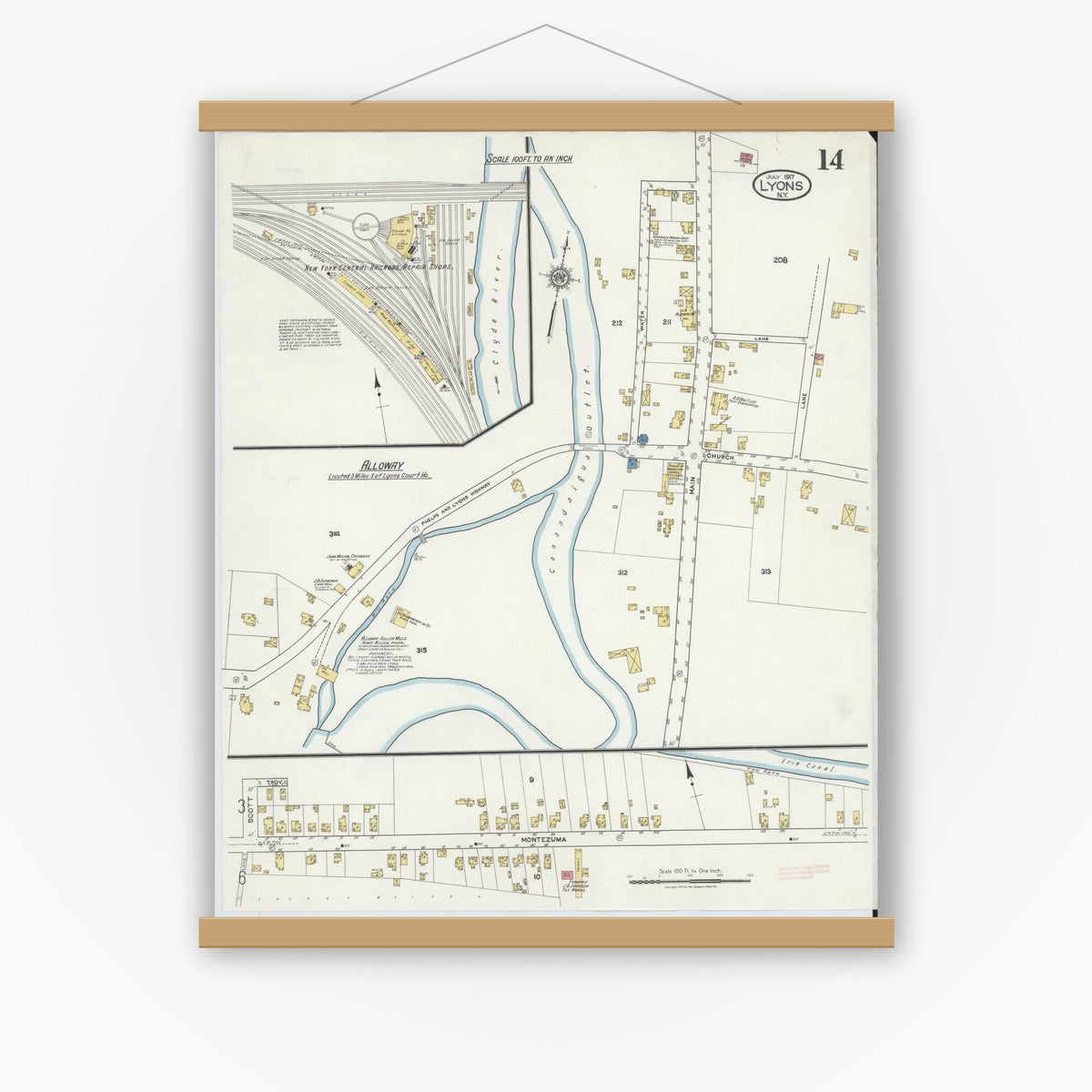 Old map wall art mockup — magnetic wood frame on white wall — Sanborn Fire Insurance Map from Lyons, Wayne County, New York (1917), Sheet #0014