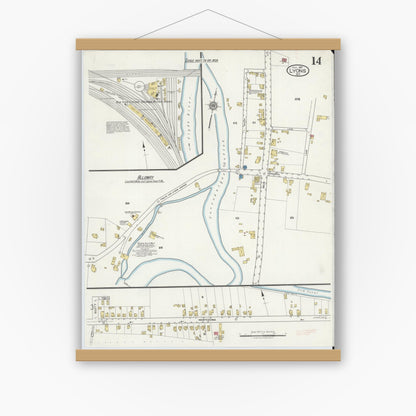 Old map wall art mockup — magnetic wood frame on white wall — Sanborn Fire Insurance Map from Lyons, Wayne County, New York (1917), Sheet #0014