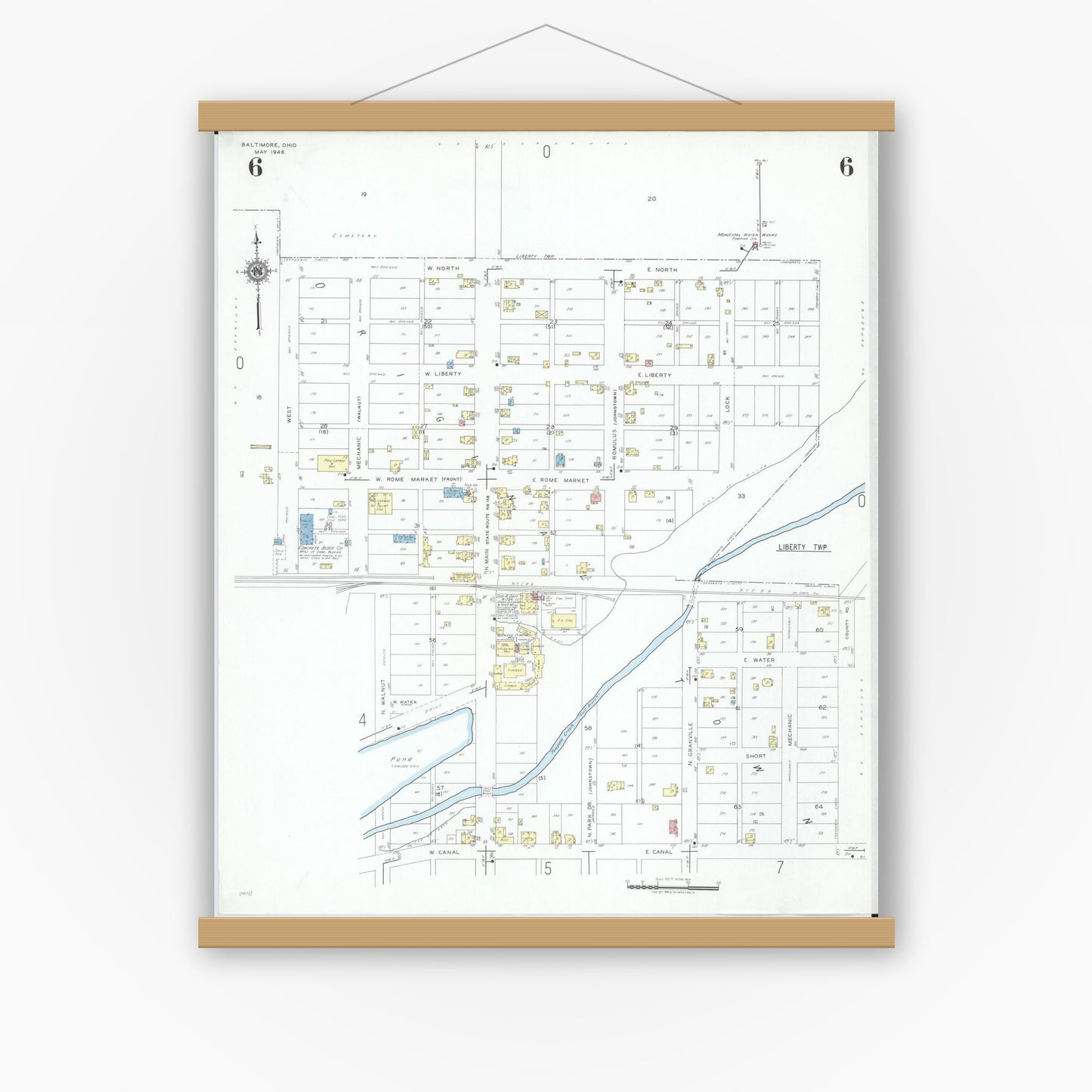 Old map wall art mockup — magnetic wood frame on white wall — Sanborn Fire Insurance Map from Baltimore, Fairfield County, Ohio (1946), Sheet #0006