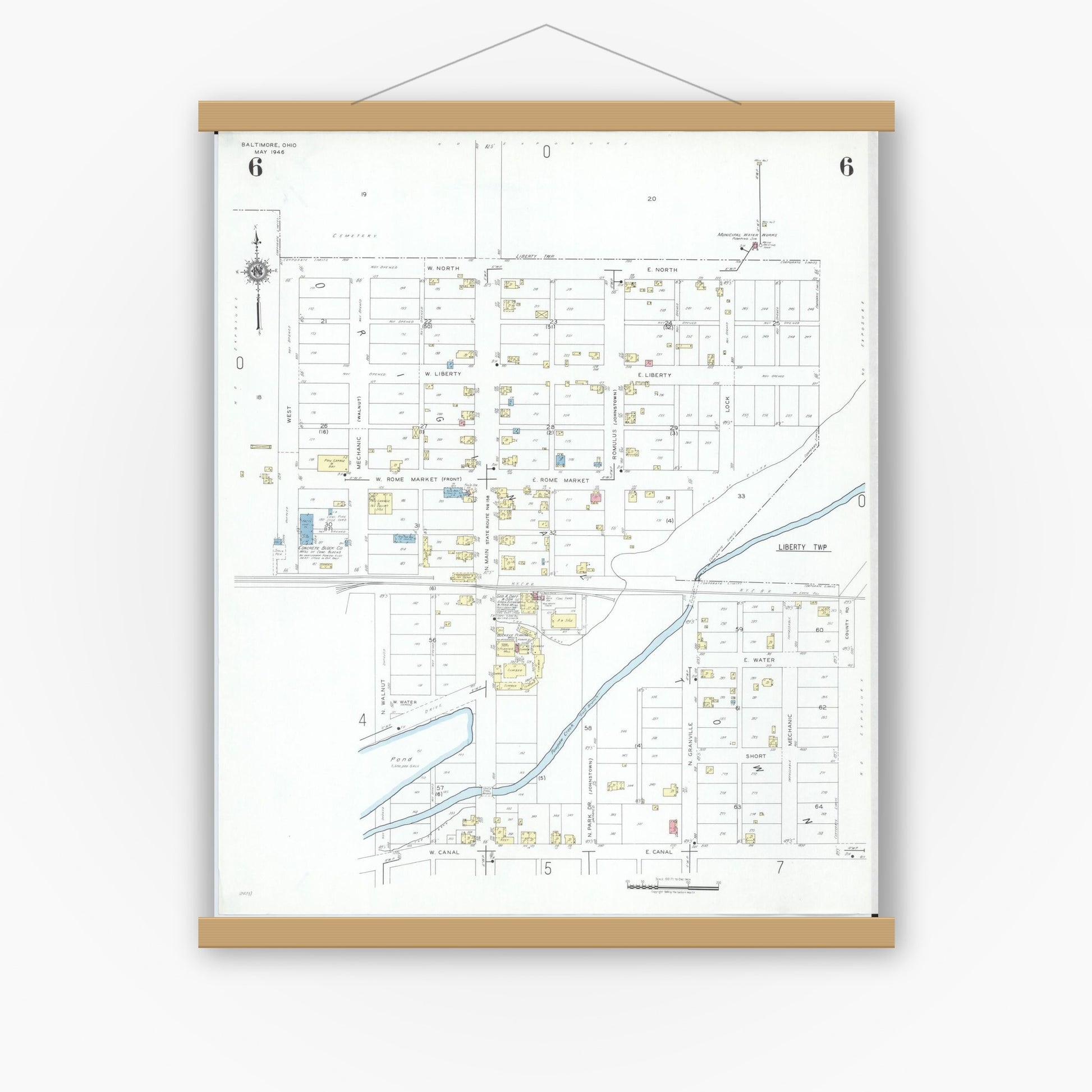 Old map wall art mockup — magnetic wood frame on white wall — Sanborn Fire Insurance Map from Baltimore, Fairfield County, Ohio (1946), Sheet #0006