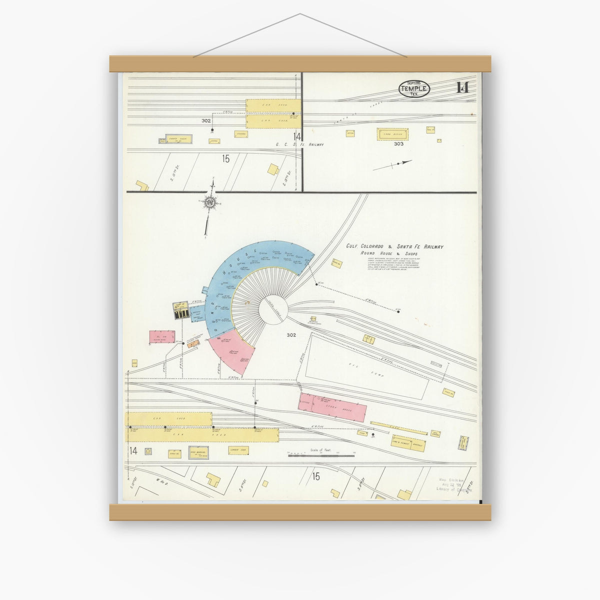 Old map wall art mockup — magnetic wood frame on white wall — Sanborn Fire Insurance Map from Temple, Bell County, Texas (1915), Sheet #0014