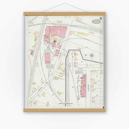 Old map wall art mockup — magnetic wood frame on white wall — Sanborn Fire Insurance Map from Marion, Marion County, Ohio (1895), Sheet #0008