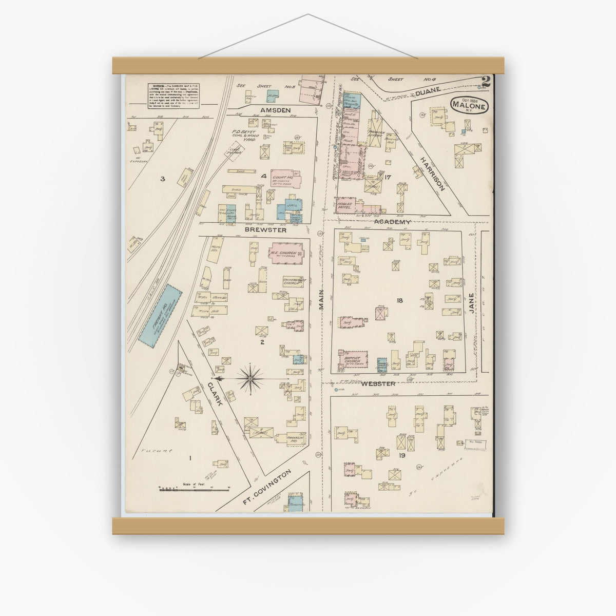 Old map wall art mockup — magnetic wood frame on white wall — Sanborn Fire Insurance Map from Malone, Franklin County, New York (1884), Sheet #0002