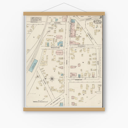 Old map wall art mockup — magnetic wood frame on white wall — Sanborn Fire Insurance Map from Malone, Franklin County, New York (1884), Sheet #0002