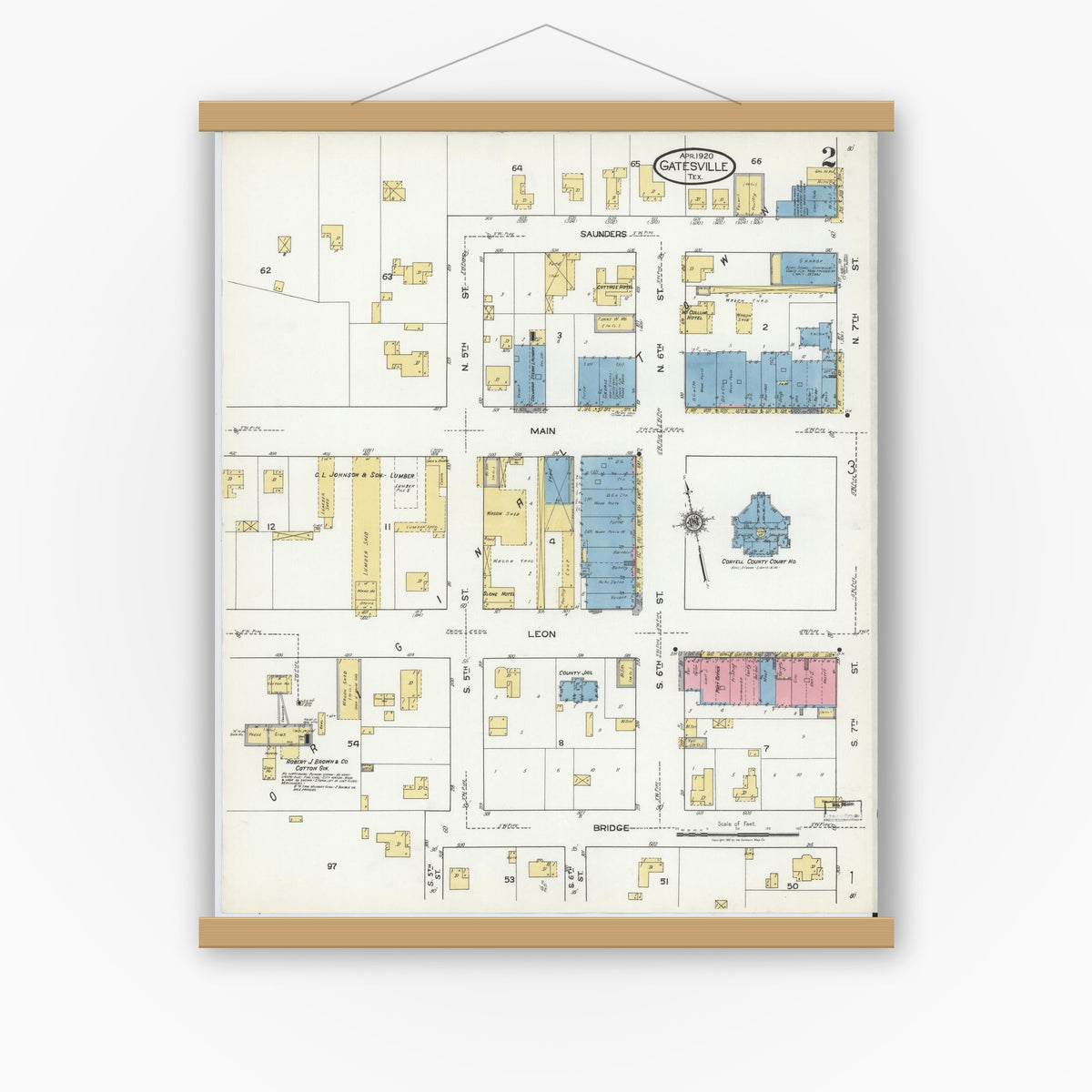Old map wall art mockup — magnetic wood frame on white wall — Sanborn Fire Insurance Map from Gatesville, Coryell County, Texas (1920), Sheet #0002