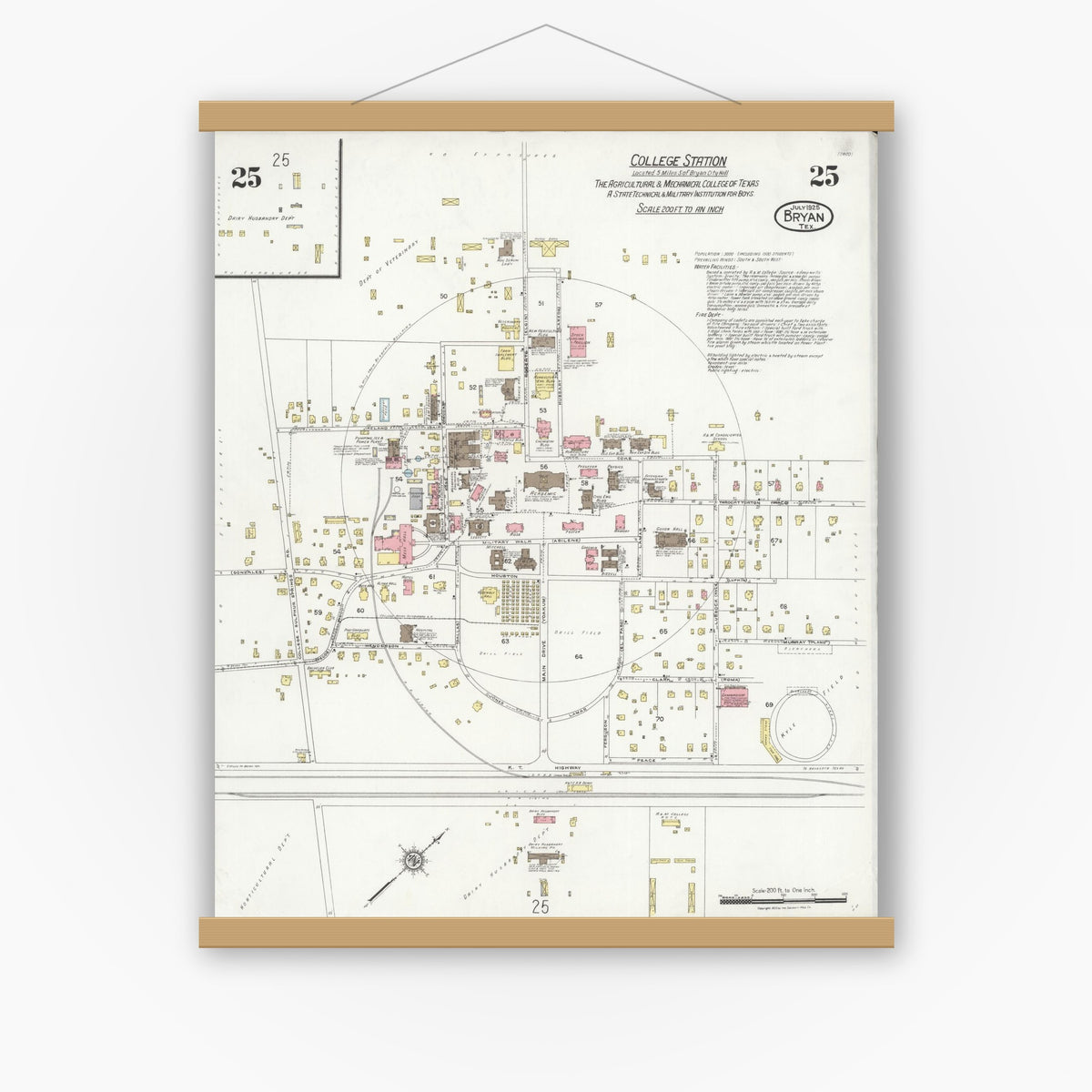 Old map wall art mockup — magnetic wood frame on white wall — Sanborn Fire Insurance Map from Bryan, Brazos County, Texas (1925), Sheet #0025