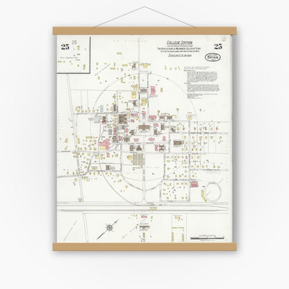 Old map wall art mockup — magnetic wood frame on white wall — Sanborn Fire Insurance Map from Bryan, Brazos County, Texas (1925), Sheet #0025