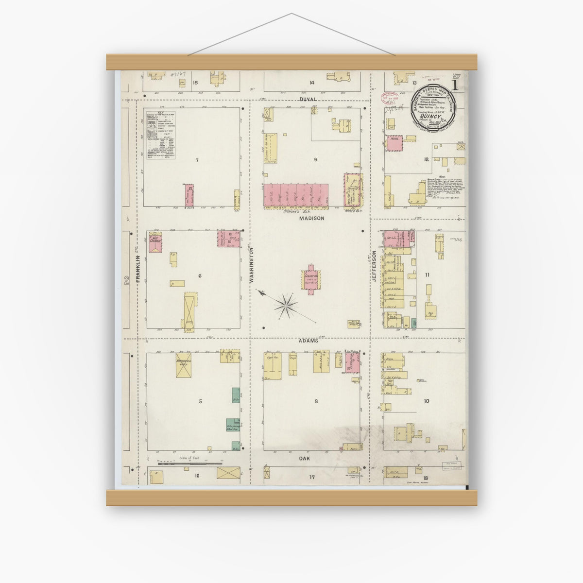 Old map wall art mockup — magnetic wood frame on white wall — Sanborn Fire Insurance Map from Quincy, Gadsden County, Florida (1895), Sheet #0001