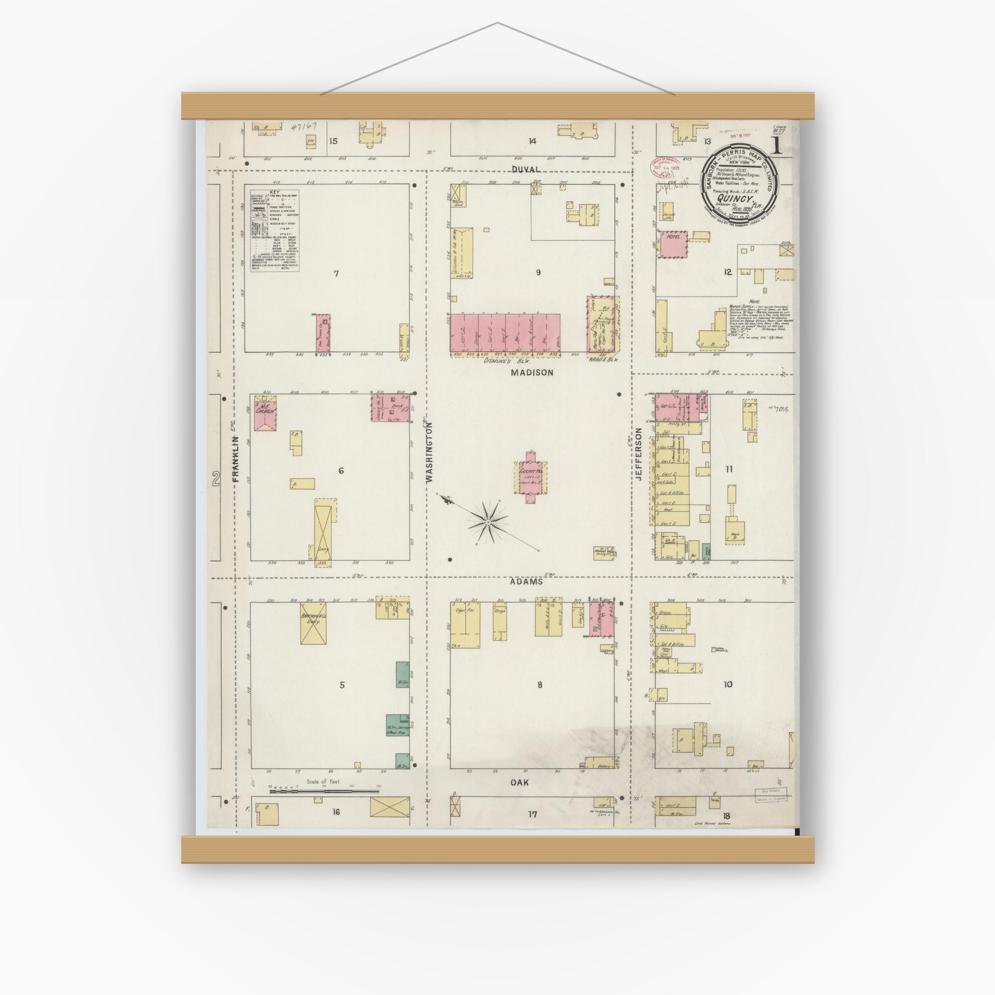 Old map wall art mockup — magnetic wood frame on white wall — Sanborn Fire Insurance Map from Quincy, Gadsden County, Florida (1895), Sheet #0001