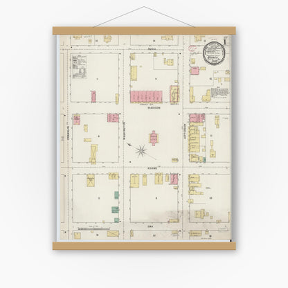 Old map wall art mockup — magnetic wood frame on white wall — Sanborn Fire Insurance Map from Quincy, Gadsden County, Florida (1895), Sheet #0001