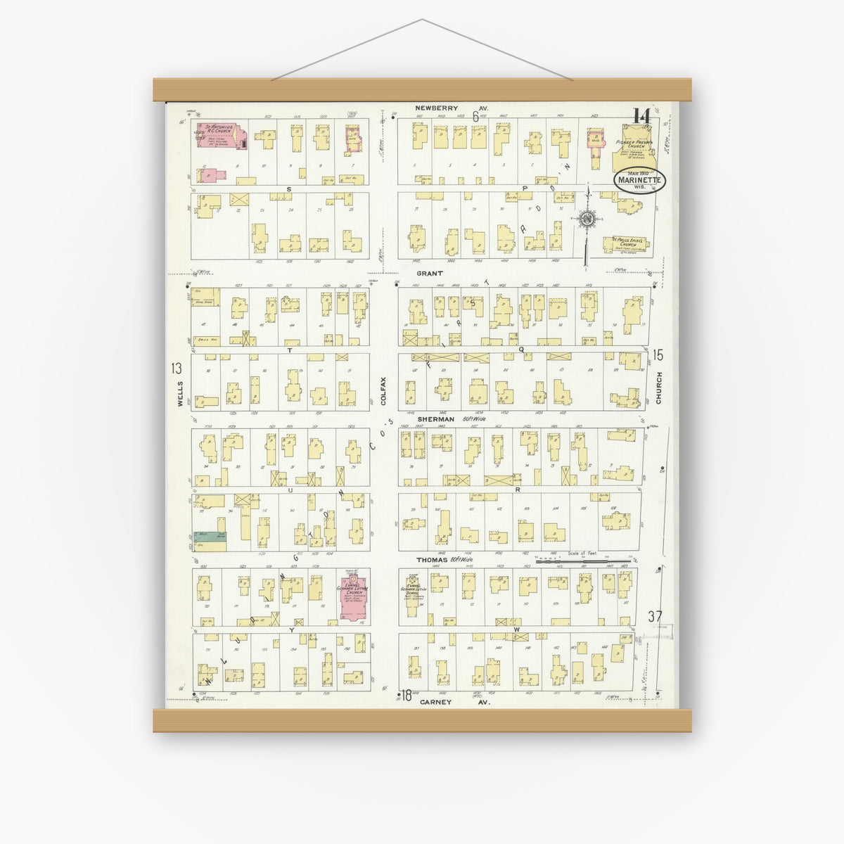 Old map wall art mockup — magnetic wood frame on white wall — Sanborn Fire Insurance Map from Marinette, Marinette County, Wisconsin (1910), Sheet #0014