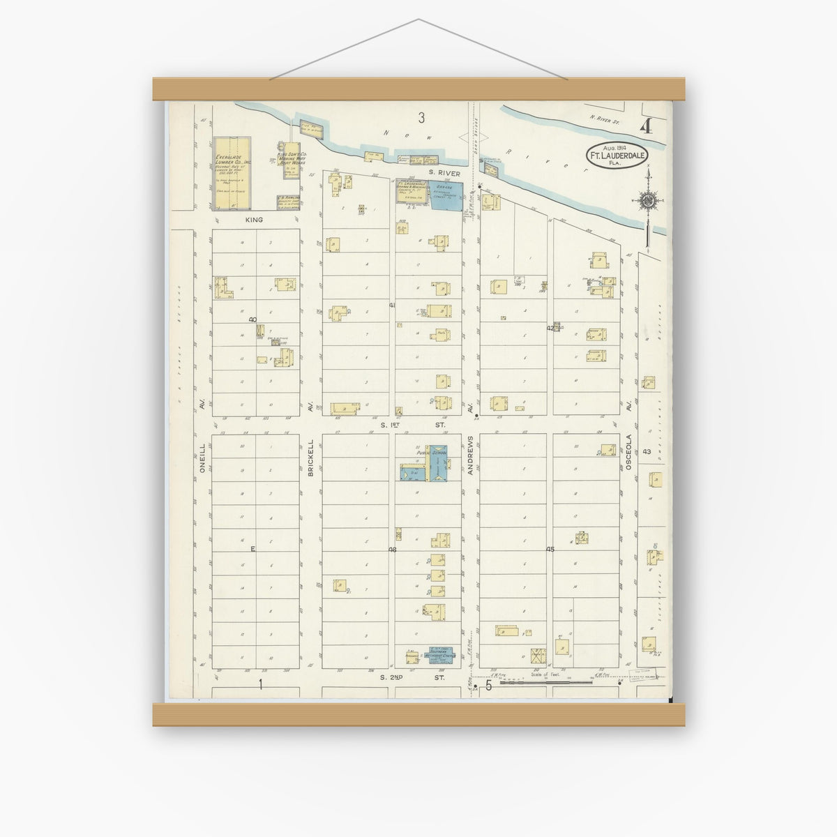 Old map wall art mockup — magnetic wood frame on white wall — Sanborn Fire Insurance Map from Fort Lauderdale, Broward County, Florida (1914), Sheet #0004