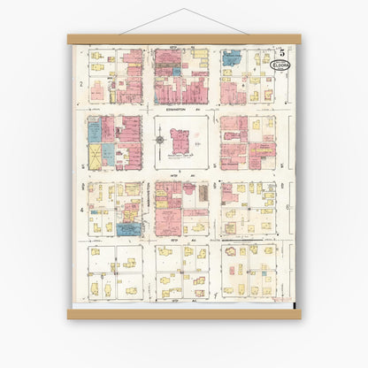 Old map wall art mockup — magnetic wood frame on white wall — Sanborn Fire Insurance Map from Eldora, Hardin County, Iowa (1940), Sheet #0005