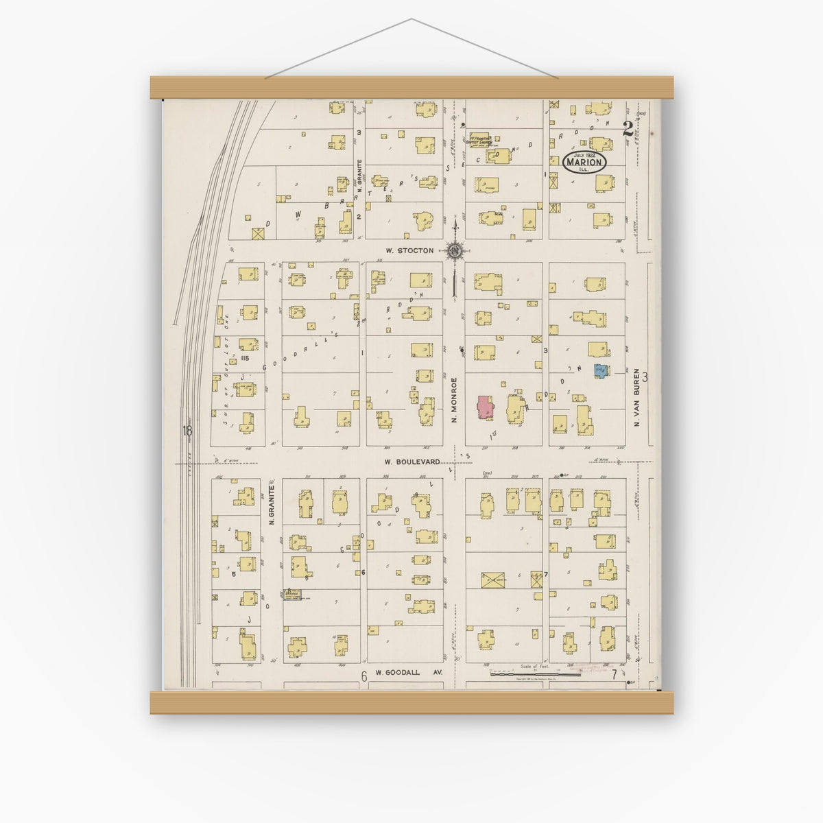 Old map wall art mockup — magnetic wood frame on white wall — Sanborn Fire Insurance Map from Marion, Williamson County, Illinois (1922), Sheet #0002