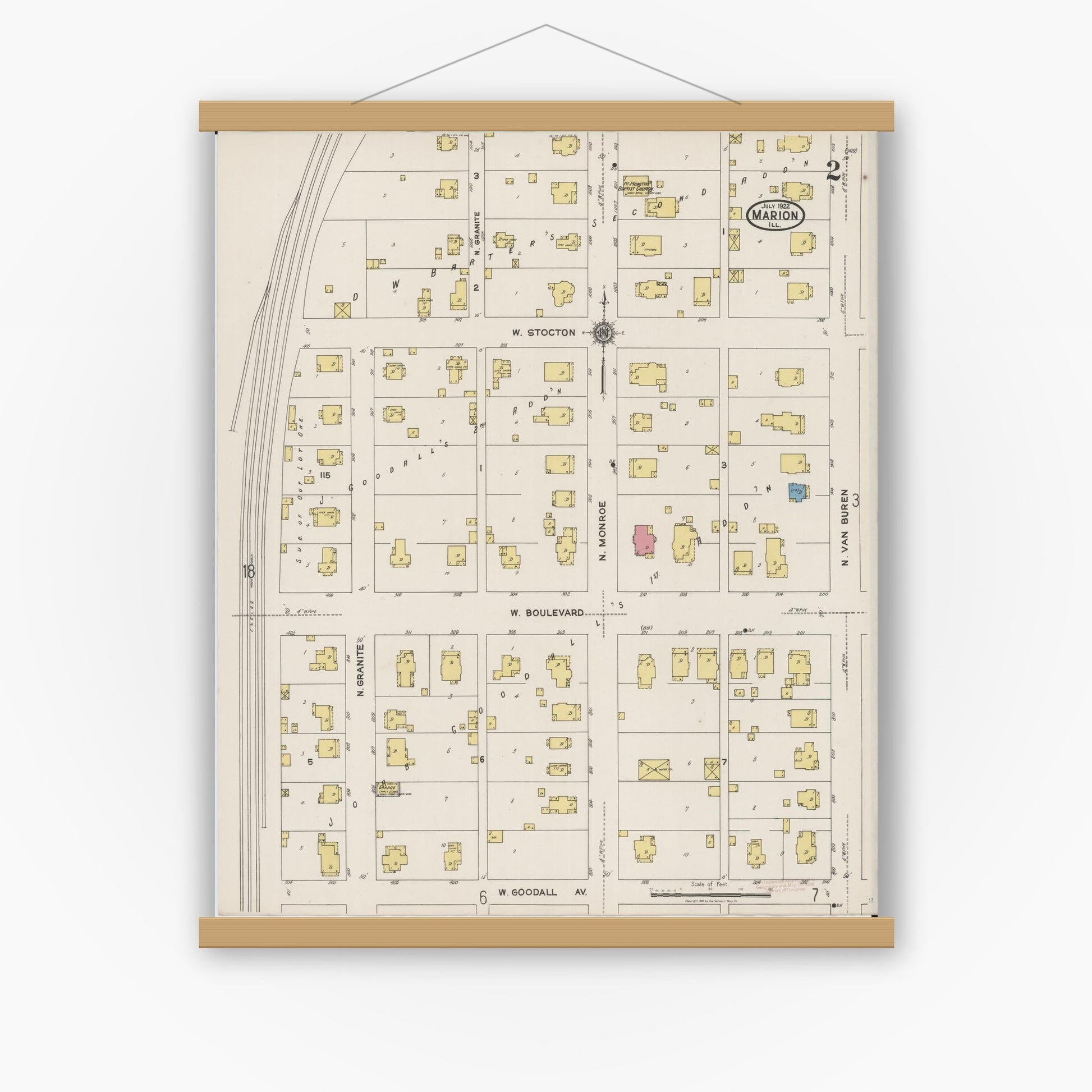 Old map wall art mockup — magnetic wood frame on white wall — Sanborn Fire Insurance Map from Marion, Williamson County, Illinois (1922), Sheet #0002