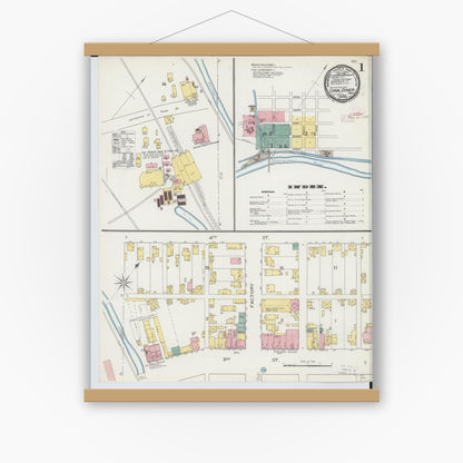 Old map wall art mockup — magnetic wood frame on white wall — Sanborn Fire Insurance Map from Canal Dover, Tuscarawas County, Ohio (1893), Sheet #0001