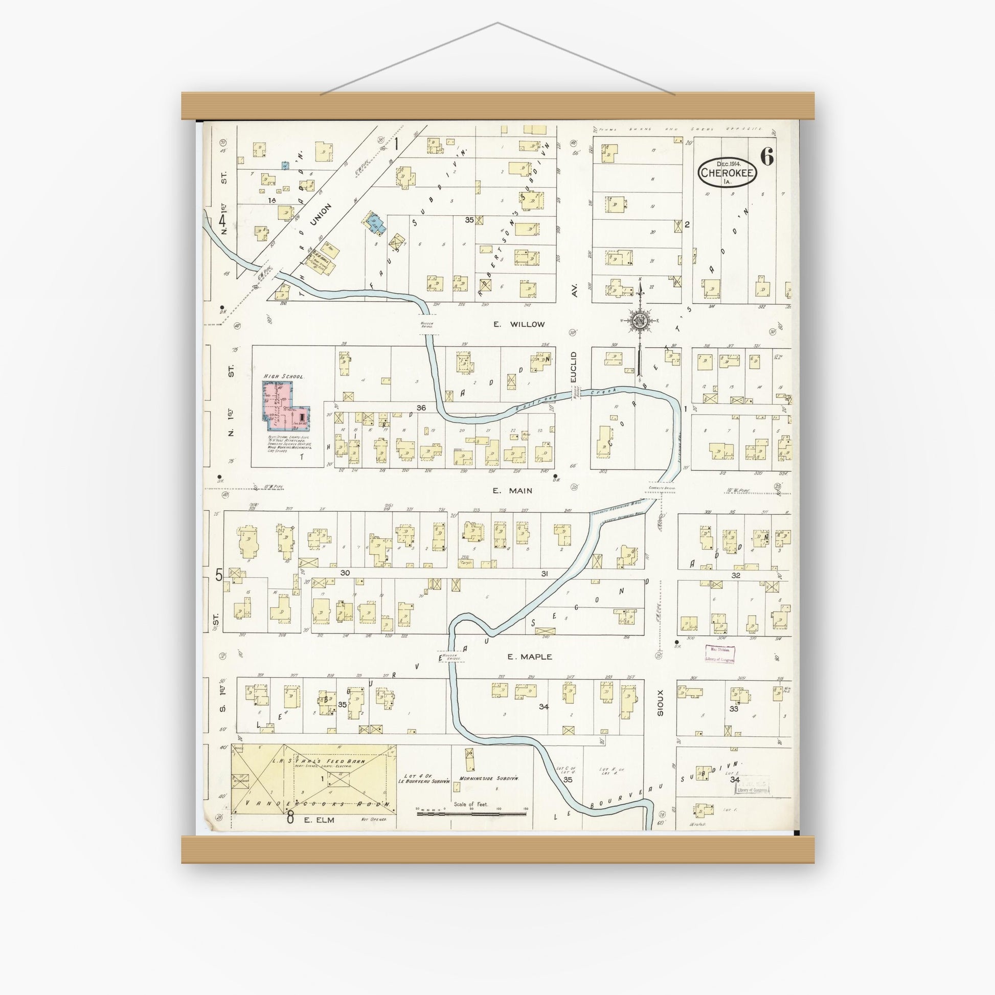 Old map wall art mockup — magnetic wood frame on white wall — Sanborn Fire Insurance Map from Cherokee, Cherokee County, Iowa (1914), Sheet #0006