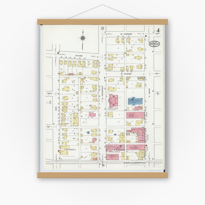 Old map wall art mockup — magnetic wood frame on white wall — Sanborn Fire Insurance Map from Marion, Marion County, Ohio (1919), Sheet #0004