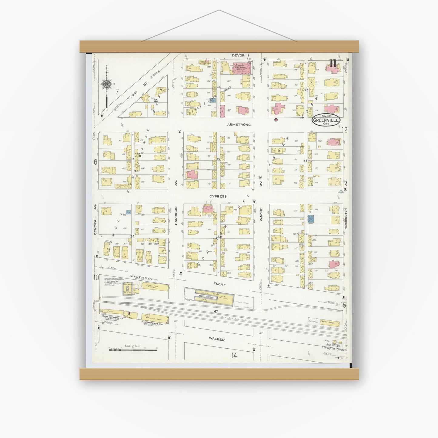 Old map wall art mockup — magnetic wood frame on white wall — Sanborn Fire Insurance Map from Greenville, Darke County, Ohio (1910), Sheet #0011